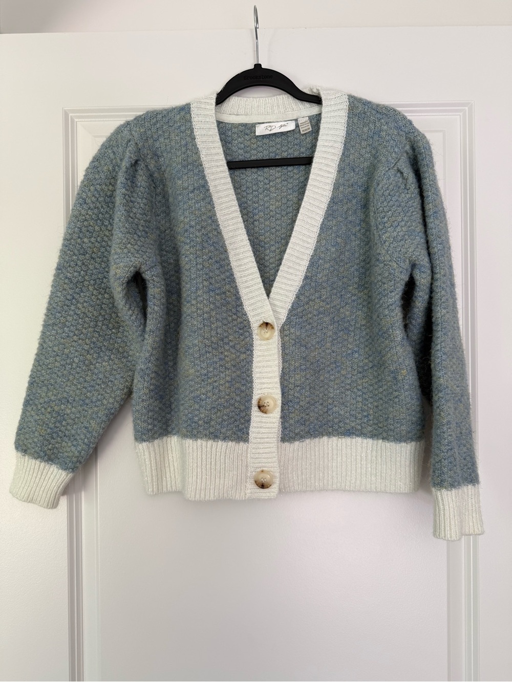 Cozy Blue-Gray and Cream Button-Up Cardigan Sweater